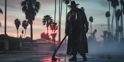 movie monster with a weapon on a foggy L.A. street at dusk