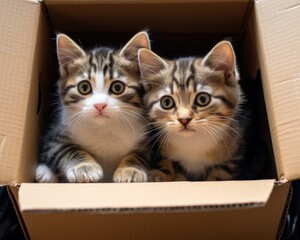 Two small kittens in a cardboard box