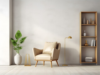 Interior room with white arm chair and an open bookcase