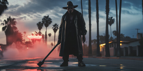 movie monster with a weapon on a foggy L.A. street at dusk