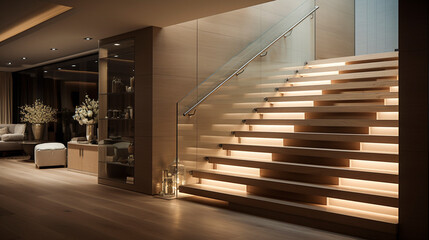 A fashionable light oak staircase with frameless glass sides, discreet LED lighting under the...