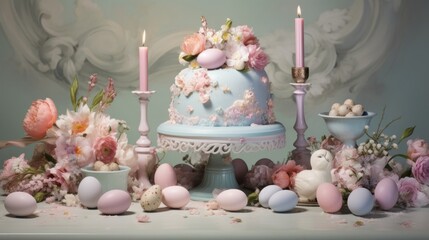  a blue cake sitting on top of a table covered in flowers and eggs next to a couple of tall candles.