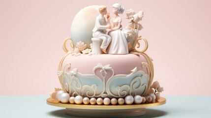  a wedding cake with a figurine of a bride and groom sitting on top of it on a plate.