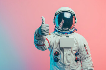 Astronaut thumbs up close-up on pastel background