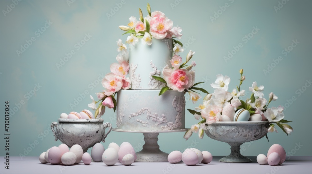 Poster a three tiered cake with flowers on top of it and eggs on the bottom of the cake and on the bottom o