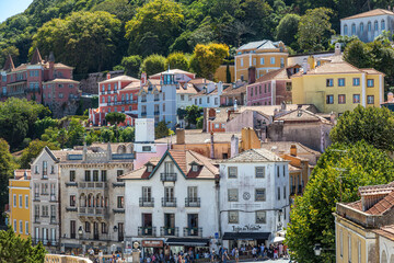 Tourists in historical Sintra town. Lisbon District. Portugal.