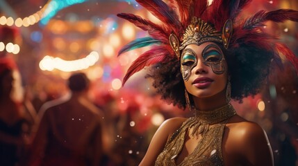 Brazilian beautiful woman with carnival mask dancing at the carnival - obrazy, fototapety, plakaty