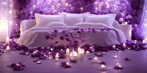 Romantic bedroom with candles and purple orchids on the bed