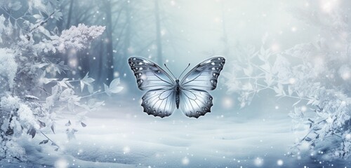 Pearl-gray butterfly with delicate patterns, fluttering around a field of snow-covered pine trees, creating a serene and magical winter wonderland.