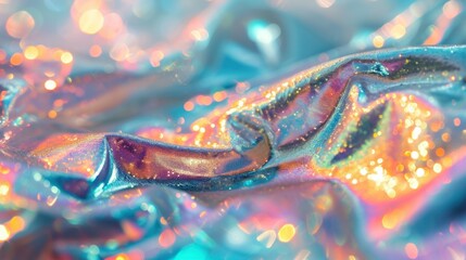 Iridescent fabric waves with vibrant colors and soft texture. Holographic fabric, shimmering texture.