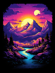 t-shirt design, color and mountain range artwork in the style of light orange and purple created with Generative Ai