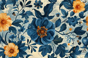 Möbelaufkleber Elegant blue and orange colors floral pattern on light background © KrikHill