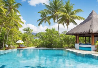 Fototapeta premium Stunning landscape, swimming pool blue sky with clouds. Tropical resort hotel in Maldives. Fantastic relax and peaceful vibes, chairs, loungers under umbrella and palm leaves. Luxury travel vacation 