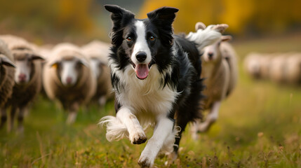 border collie dog, an energetic and agile border collie herding sheep, showcasing its intelligence and herding instincts - obrazy, fototapety, plakaty
