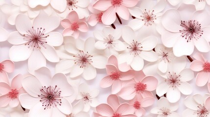  a close up of a bunch of pink and white flowers on a white background with a red center surrounded by smaller pink and white flowers.