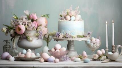  a table topped with a cake covered in frosting next to a vase filled with flowers and a teapot filled with eggs.