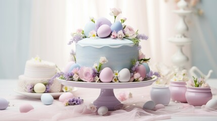 Fototapeta na wymiar a blue cake sitting on top of a table covered in pink and white flowers next to a cake with eggs on top of it.