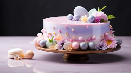  a close up of a cake on a plate with flowers and eggs on the side of the cake and an egg on the side of the cake.