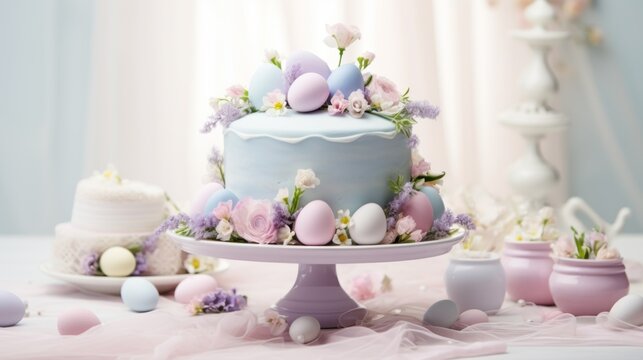  a blue cake sitting on top of a table covered in pink and white flowers next to a cake with eggs on top of it.