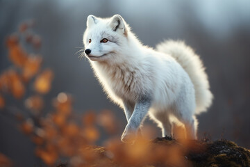 Arctic fox (Vulpes lagopus) standing on a rock in autumn