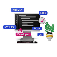 3D Illustration of a Web Developer's Desktop with Programming Languages Icons, with transparent background