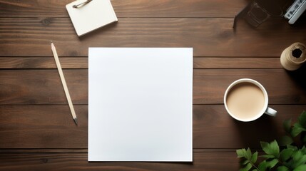  a cup of coffee next to a white paper and a pencil on a wooden table with a white sheet of paper on top of it.