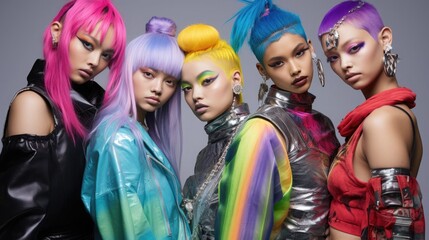 Fototapeta premium Fashion photo shoot of generation Z. girls with bright, colorful hair, makeup and jewelry. individuality and style.