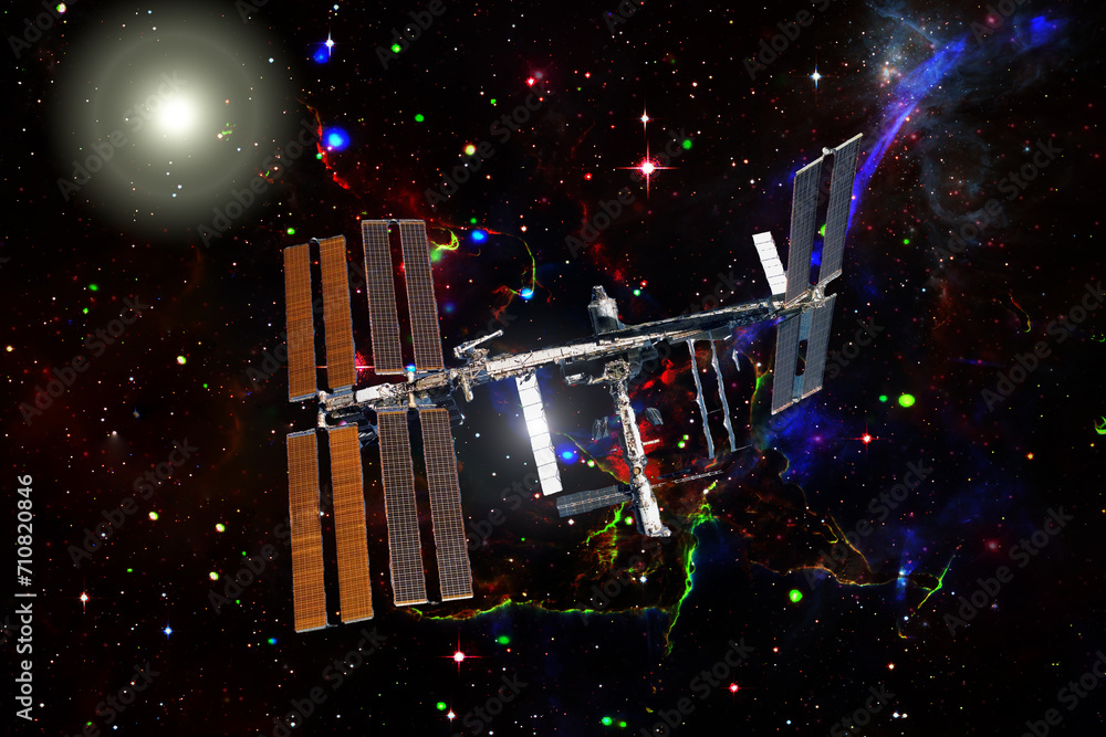 Sticker spaceship above the earth. the elements of this image furnished by nasa.