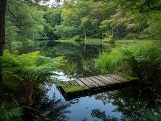 Beautiful lake in the forest with wooden jetty and green trees
