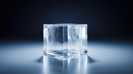  an ice cube sitting in the middle of a dark room with a bright light coming through the top of it.