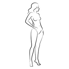 Silhouette of a nice lady, she is standing. The girl has a beautiful naked figure. The woman is a young sexy and slender model. Vector illustration.