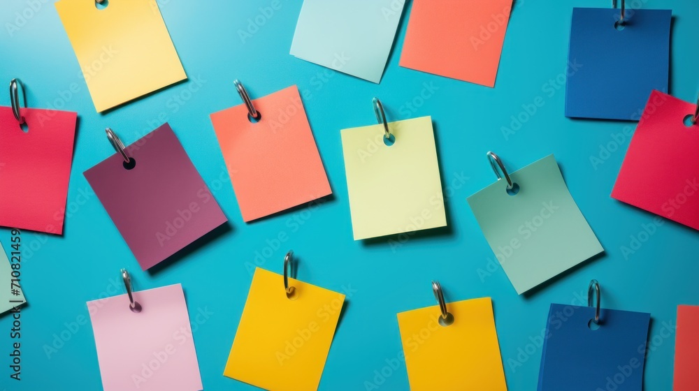 Poster a group of colorful sticky notes pinned to a clipboard on a blue background with clippings in the mi