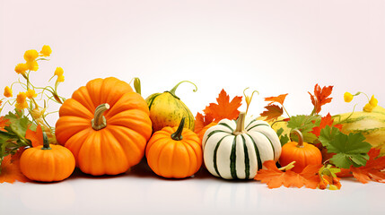 Naklejka na ściany i meble Autumn decoration on white with copy space. Fall, halloween, thanksgiving,Autumn Gourd Arrangement
