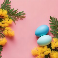 Easter eggs, bunch of yellow tulips and mimosa branch on yellow background. Beautiful spring background with place for text. Vetor illustration