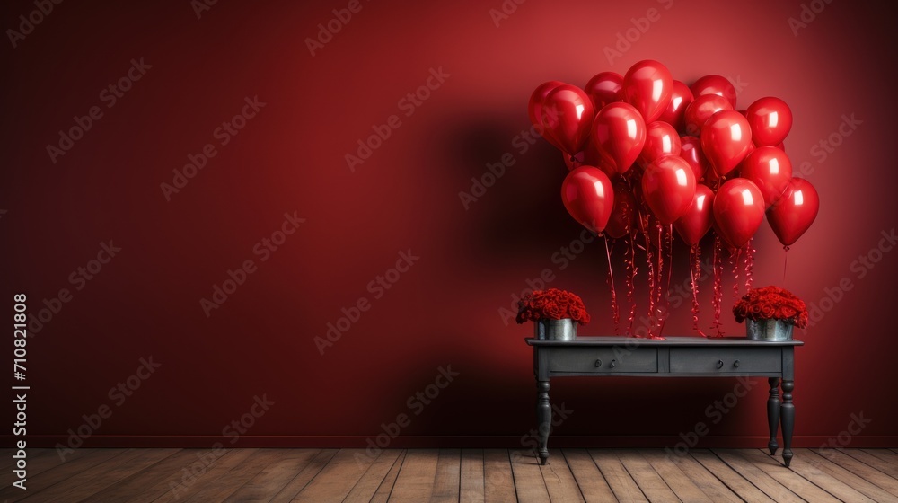 Poster a table with a bunch of red balloons on it and a bunch of red flowers on top of it in front of a red