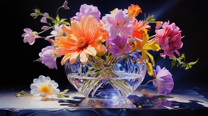  a glass vase filled with colorful flowers on top of a blue and white table cloth next to a vase filled with pink, orange and white flowers.