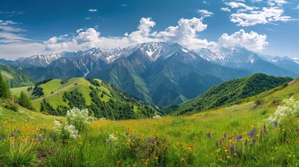 Beautiful spring alpine meadow with wild flowers in Caucasus mountains - obrazy, fototapety, plakaty