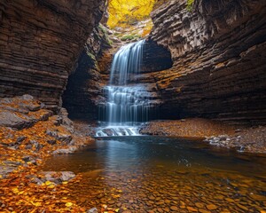 Waterfall in the canyon. Colorful autumn landscape with a waterfall.