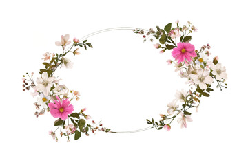 Obraz na płótnie Canvas enchanting oval frame featuring a variety of flowers, creating a romantic ambiance perfect for St. Valentine's Day on a white backdrop.