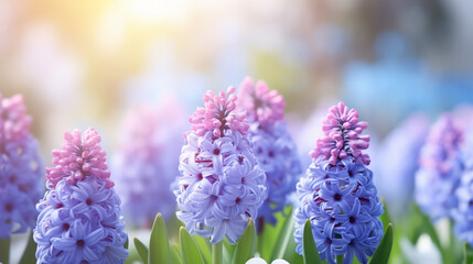 Large flower bed with multi-colored hyacinths, traditional easter flowers, flower background, easter spring background.