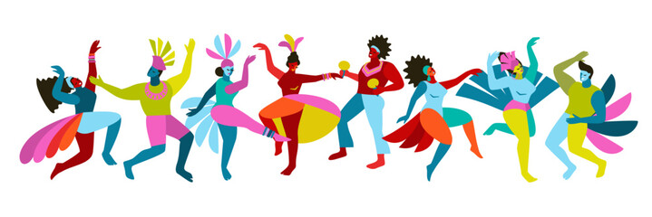 Fototapeta premium Vector isolated abstract illustrations of funny dancing men and women in bright costumes. Brazil carnival. Design elements for carnival concept and other