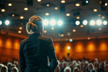 Imagine a dynamic tech conference stage with a successful female motivational speaker  The speaker engages the audience confidently,