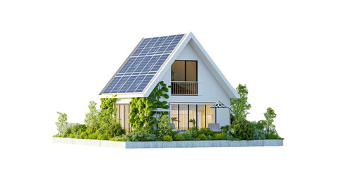 stylish house with solar panels on the roof, emphasizing sustainability, and present it on a transparent white background.
