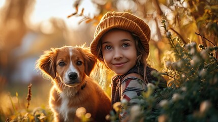 Pet therapy for children, a 5-year-old girl plays and hugs a puppy on the grass