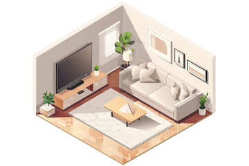 isometric view of a living room, showcasing the furniture arrangement and decor on a transparent and clean background.