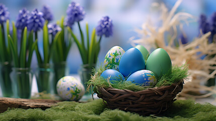 Obraz premium Large flower bed with multi-colored hyacinths, traditional easter flowers, flower background, easter spring background.