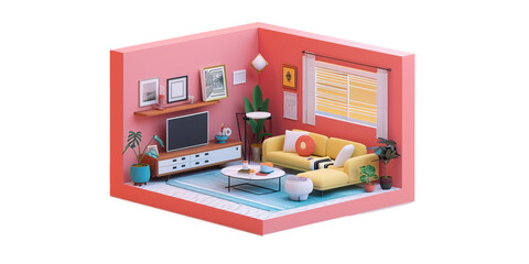 isometric view of a living room, showcasing the furniture arrangement and decor on a transparent and clean background.