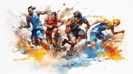 Watercolor Sports Scene, Action-packed watercolor depiction of sports scene capturing movement and energy Ideal for sports magazines, Motivational posters, AI Generated