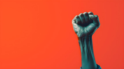 African American activist symbolizes unity against racism by raising his hands and fists to protest discrimination. Banner for black rights and Black History Month. - obrazy, fototapety, plakaty