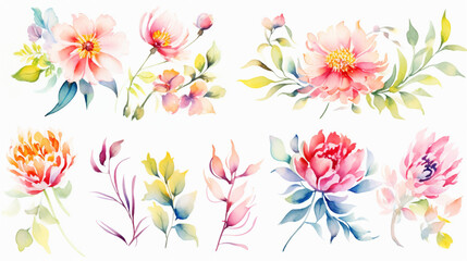 Exotic flowers and peonies, Cartoon drawing, Water color style, AI Generated
